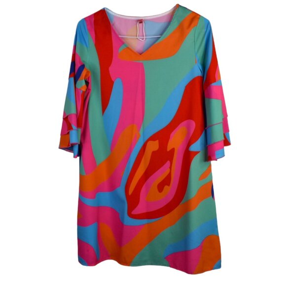 Psychedelic Printed Dress S Womens Hippie 70s Flare Sleeve Mini Multicolor - Picture 1 of 7
